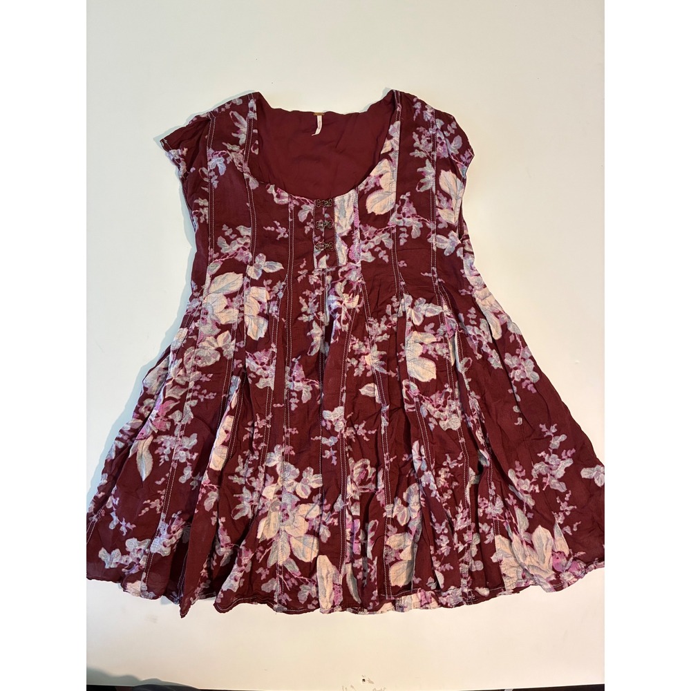 Free People Womens XS Burgundy Floral‎ Pintuck Babydoll Mini Dress Square Neck